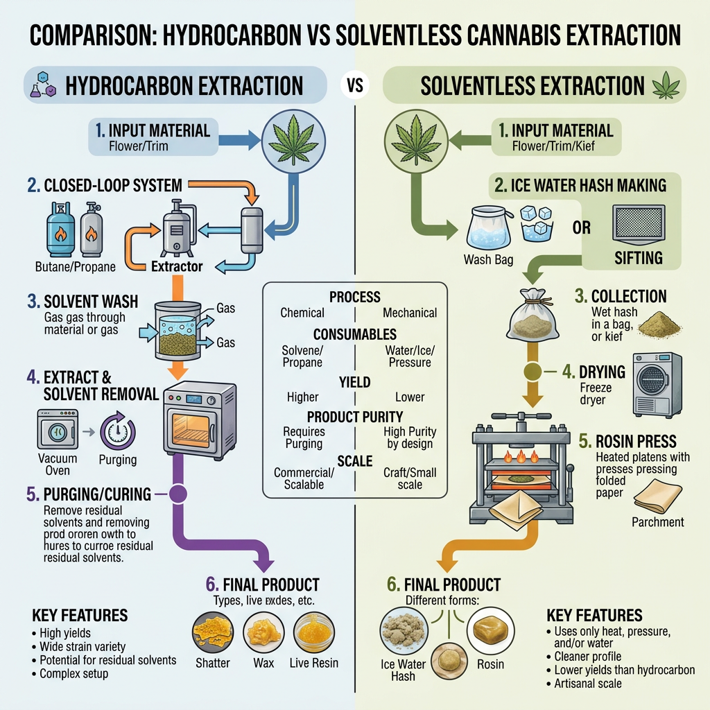Comparison chart of hydrocarbon versus solventless cannabis extraction processes and key features.