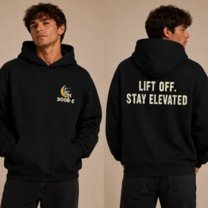 DOOB-E Classic Logo Hoodie in Black, showing the astronaut-and-moon chest logo and LIFT OFF. STAY ELEVATED. back slogan.