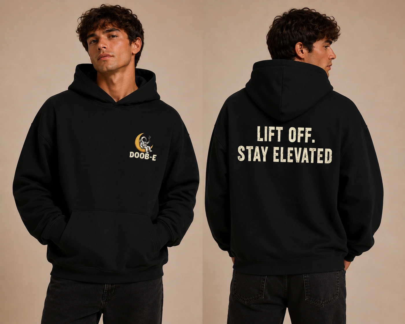DOOB-E Classic Logo Hoodie in Black, showing the astronaut-and-moon chest logo and LIFT OFF. STAY ELEVATED. back slogan.
